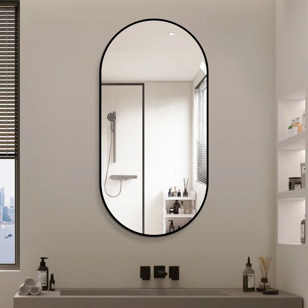 Bogenförmiger Wandspiegel mit schwarzem Aluminiumrahmen – HD kupferfreier Silberspiegel, moderner Badezimmerspiegel / Schminkspiegel / Eingangsspiegel