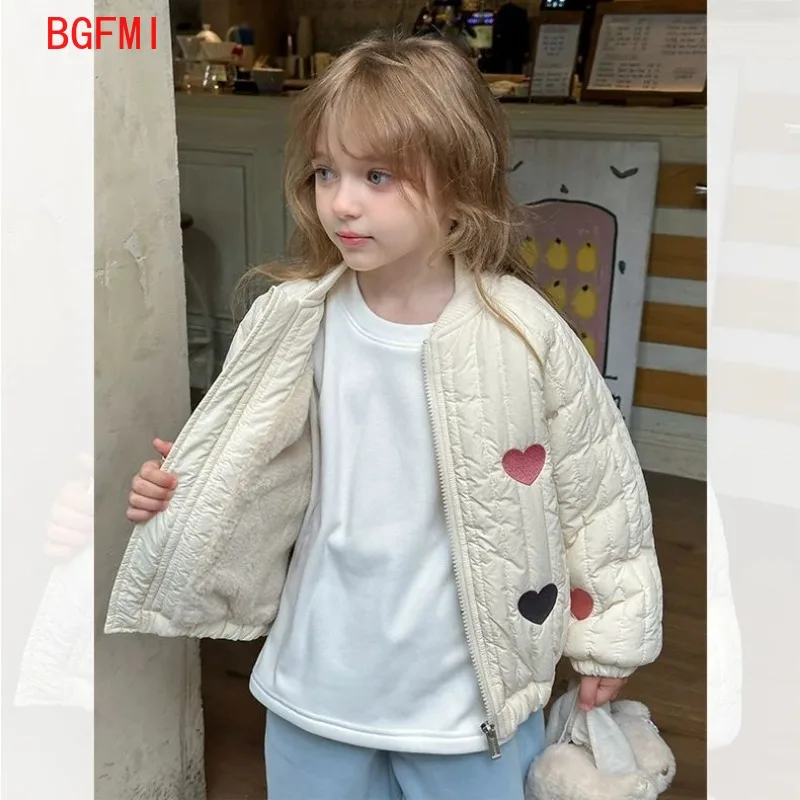 1-7Y Mädchen Koreanische Beige Liebe Gestickte Baumwolle Mantel Winter Kleidung Neue Rosa Kinder Casual Lose und Dicke Samt Warme mantel