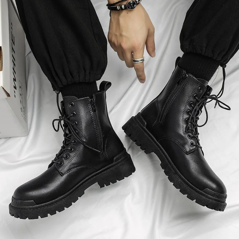 Leder Schwarz Herren Biker Stiefel Mode YoungWaterproof Trendy Stiefel Mann Herbst Winter High Top ClassicBasic Schuh