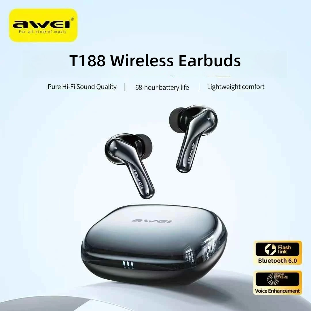 Awei T188 ENC TWS Auricolari True Wireless Bluetooth 6.0 In-ear 300mAh Sport Chiamate Musica 68H Cuffie con cancellazione del rumore