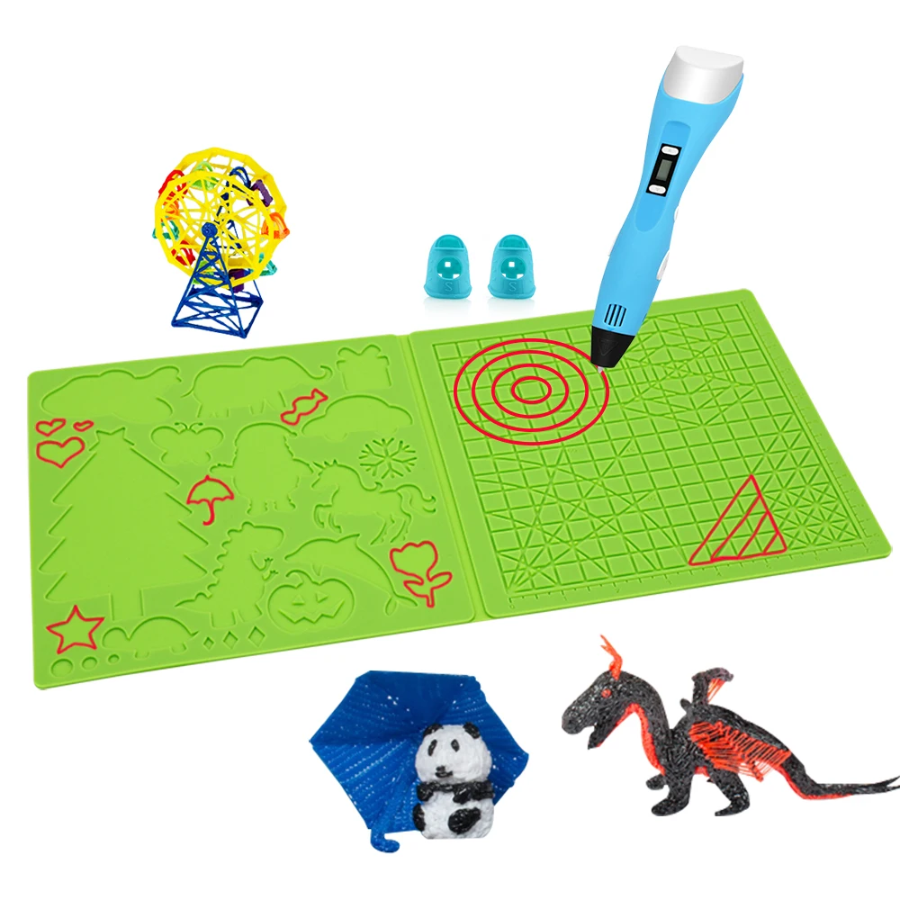 3D-Druckstift-Silikon-Pad mit grundlegender geometrischer Vorlage, 2 Silikon-Fingerkappen, 3D-Stift-Zeichnungsvorlage, Kinder-DIY-Geburtstagsgeschenk Image