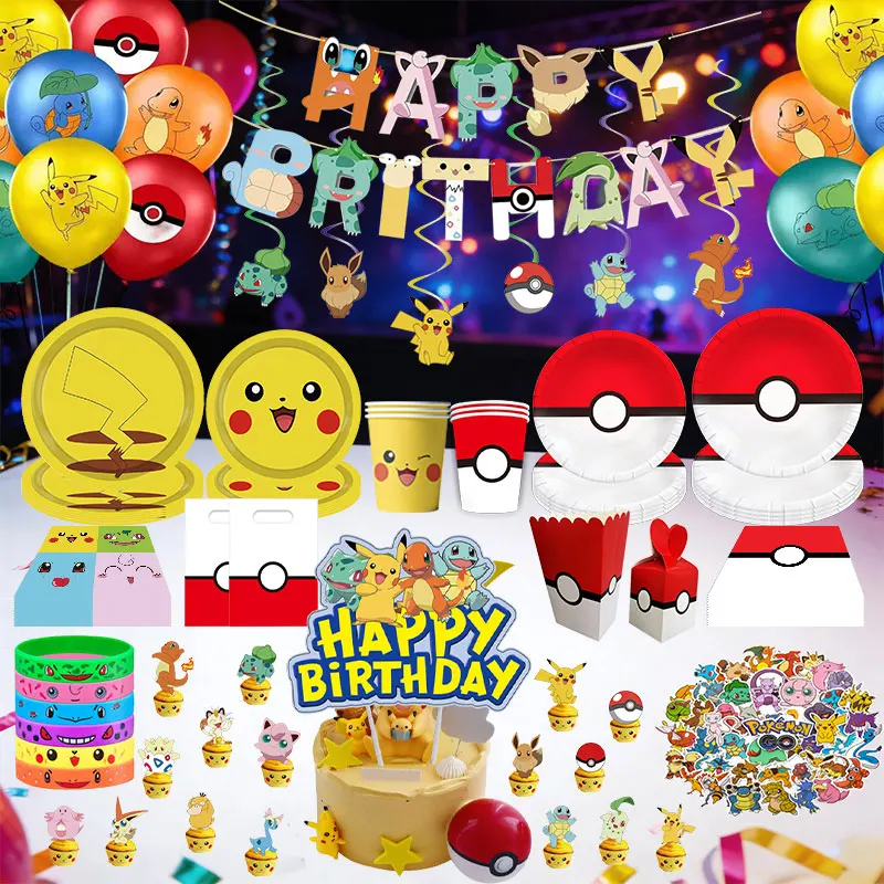 Neue Pokemon-Geburtstagsparty-Dekorationsartikel Pikachu Squirtle Charmander Ballons Set Tischgeschirr Teller Becher Partygeschenke Image