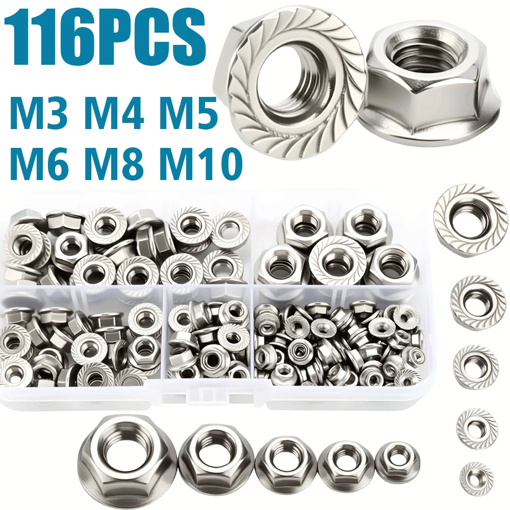 116-teiliges Set aus Edelstahl-Sechskant-Flanschmuttern M3 M4 M5 M6 M8 M10, mechanische Teile für Industriegeräte Image