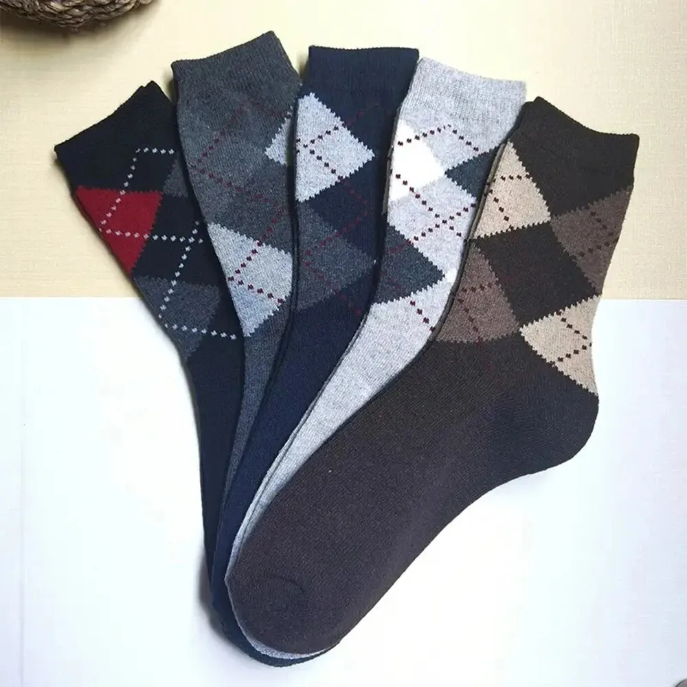 5 Paar Herren-Socken aus Wolle mit Spleißen, Rautenmuster, warme Wintersocken, mittellange Socken, verdickende, weiche, kältebeständige Herrenstiefelsocken Image