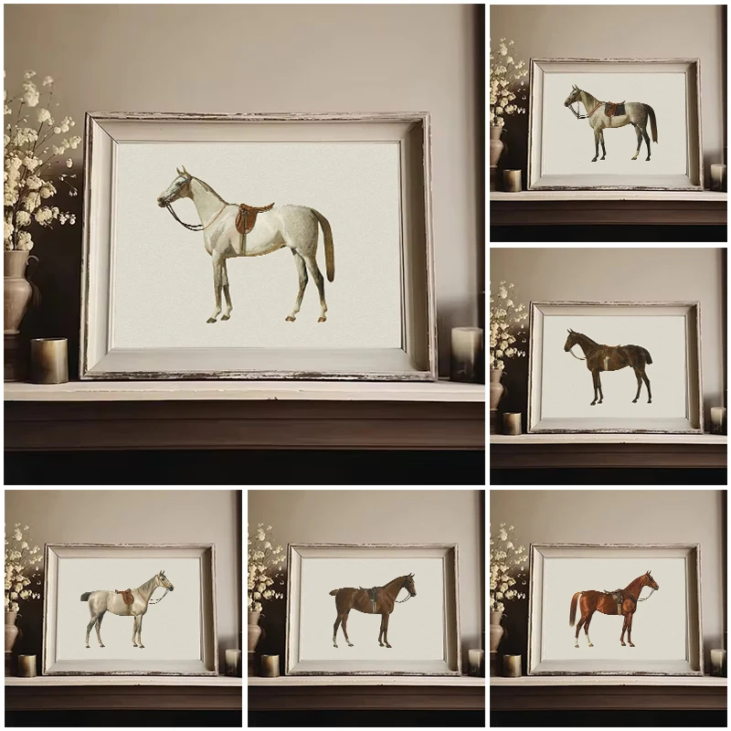 Antike Pferde Vintage Poster Drucke Bauernhof Tier Leinwandgemälde Reitsport Wandkunst Bild für Wohnzimmer Bauernhaus Dekor Image