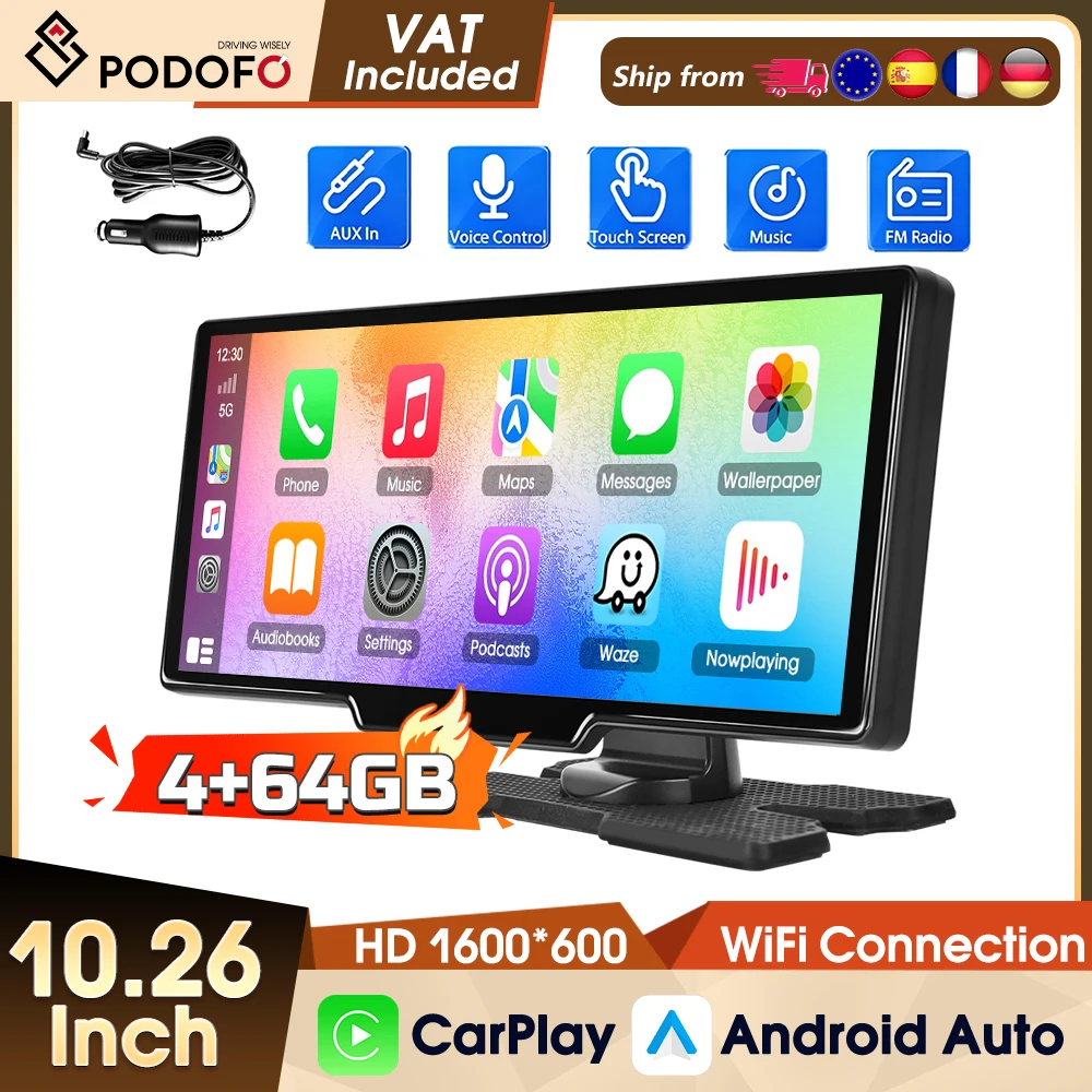Caméra embarquée Podofo 10,26 pouces, 8 cœurs, 4+64 Go, Android, CarPlay sans fil, autoradio Android Auto, Bluetooth, WIFI, GPS, enregistrement vidéo de la voiture