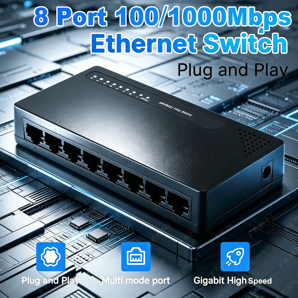 Switch Ethernet Gigabit 8 ports 10/100/1000 Mbps, Switch réseau de bureau 1 Gbps, Hub LAN RJ45 Plug & Play pour PC et bureau
