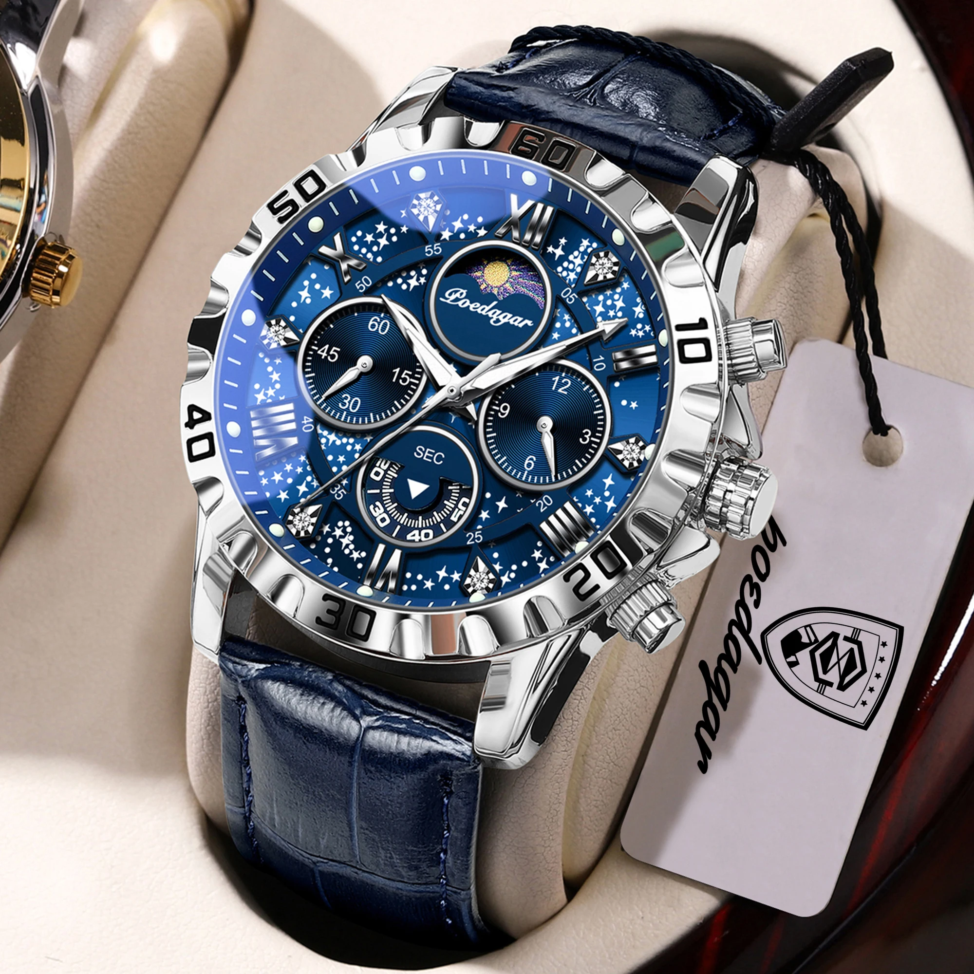 POEDAGAR Hochwertige funktionale Luxus-Herrenarmbanduhr, wasserdicht, leuchtend, Chronograph, Leder-Sportuhr für Herren, Quarz-Herrenuhr Image