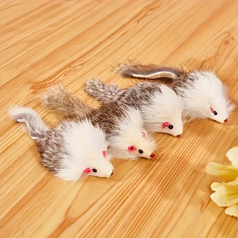 4 Stück realistisches, langhaariges grau-weißes Maus-Katzenspielzeug mit roten Augen – langlebiges Kunststoff-Plüsch-sicheres Jagdspielzeug für Kätzchen im Innenbereich Image