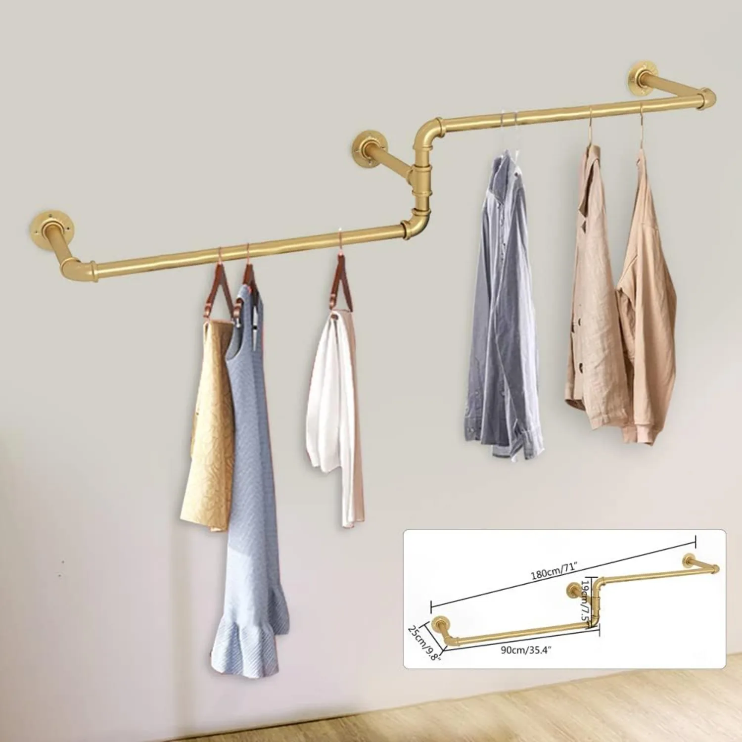Wandmontierte Kleiderstange, L-Rohr, zum Aufhängen, industrielles Metall, Eckschrank, Wandmontage, DIY-Kleiderstange, Messing, Gold, für Schrank