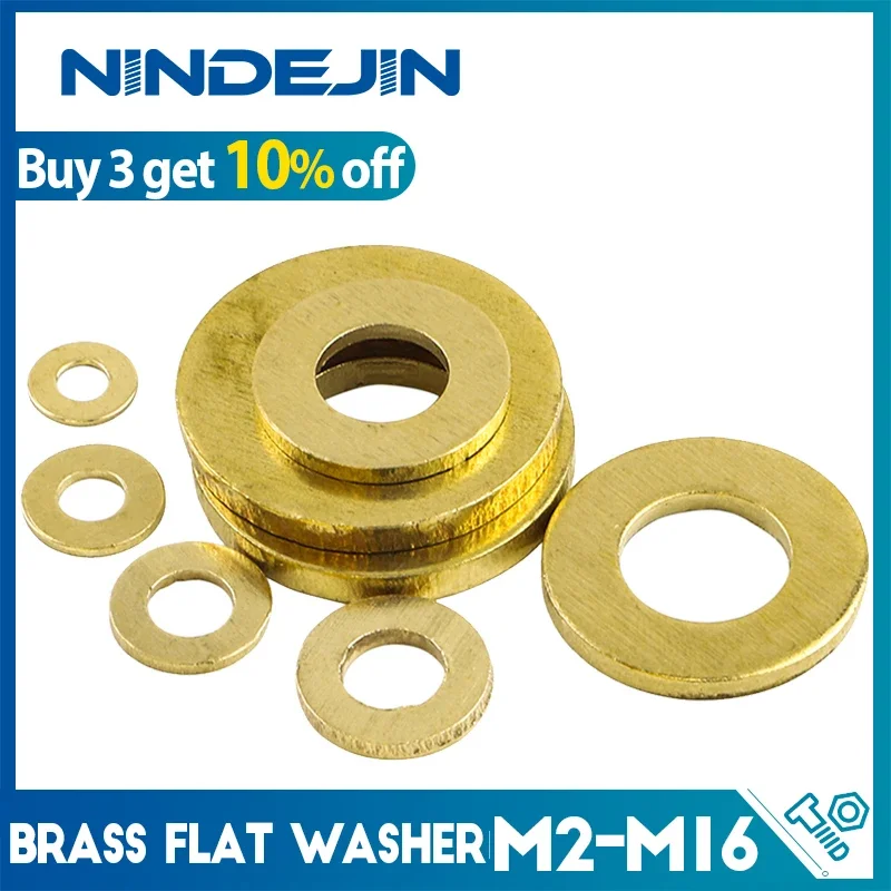 NINDEJIN Messing-Unterlegscheibe, M2, M,5, M3, M4, M5, metrische Messing-Unterlegscheibe, flache Dichtung, Anti-Gleitverschluss, Kupferring für Schraubenbolzen Image
