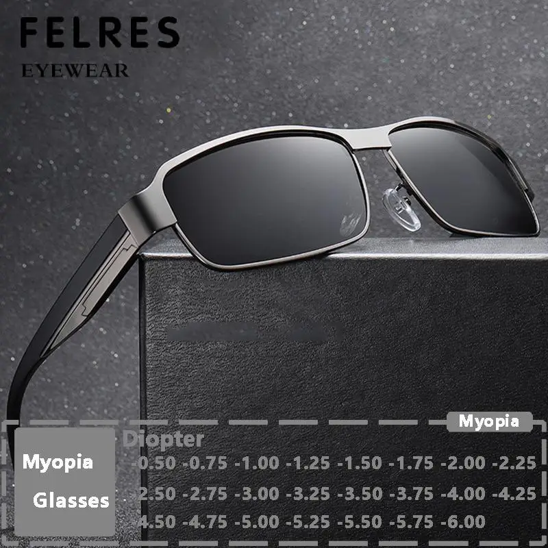 Klassische, getönte Myopie-Brille aus Metall für Herren, schwarze verschreibungspflichtige Kurzsichtigkeitsbrille, quadratische Fahrsonnenbrille, individuelle Dioptrien Image