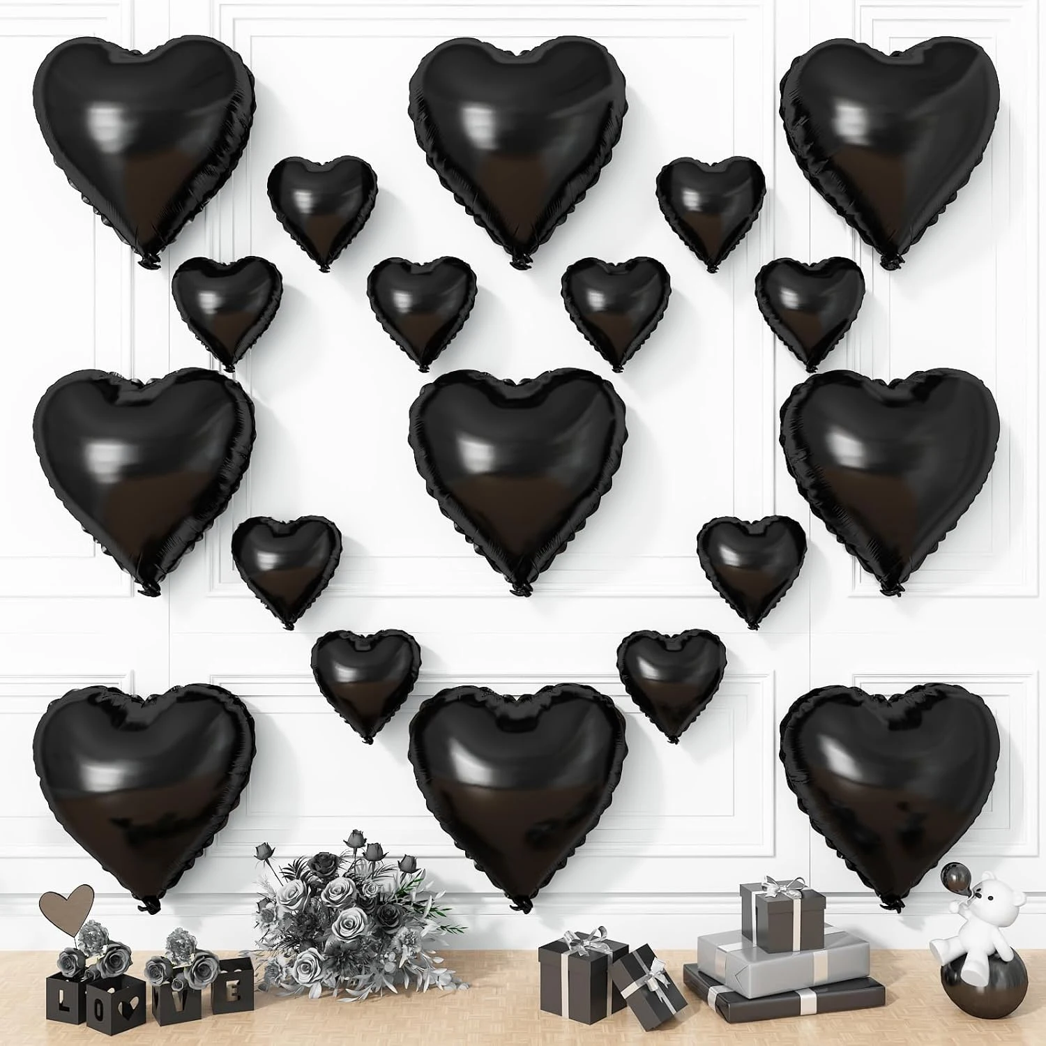 ‌ 19 Stück Schwarze Herzballons 18+10 Zoll Helium-Mylar-Folienballons für Geburtstag Hochzeit Valentinstag Halloween Babyparty Dekorationen Image