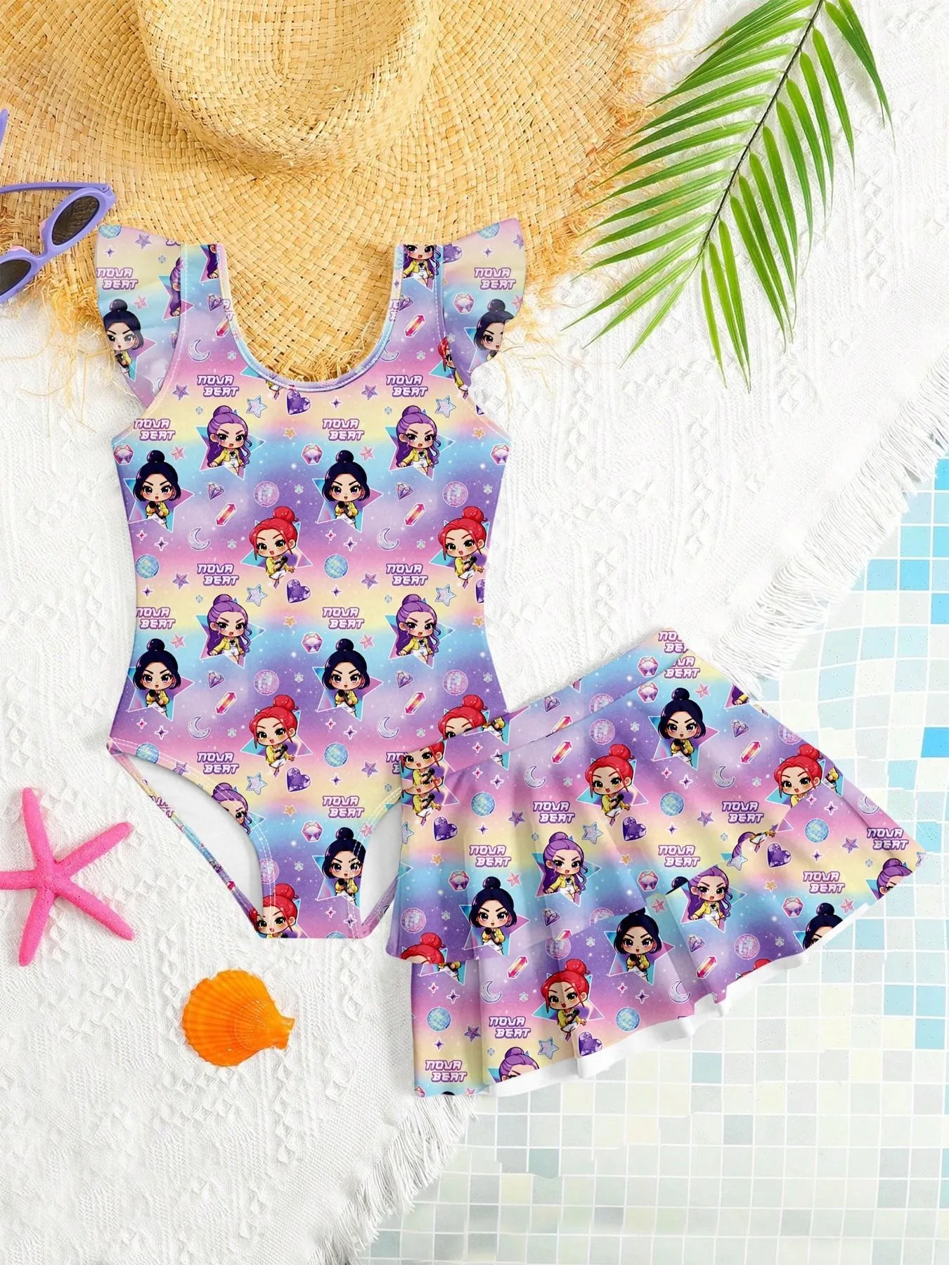 Süße Mädchen 2-teiliger Badeanzug Niedlicher Cartoon-Rüschenärmel-Bikini-Set mit Rock Kinder-Urlaubs-Badeanzug Image