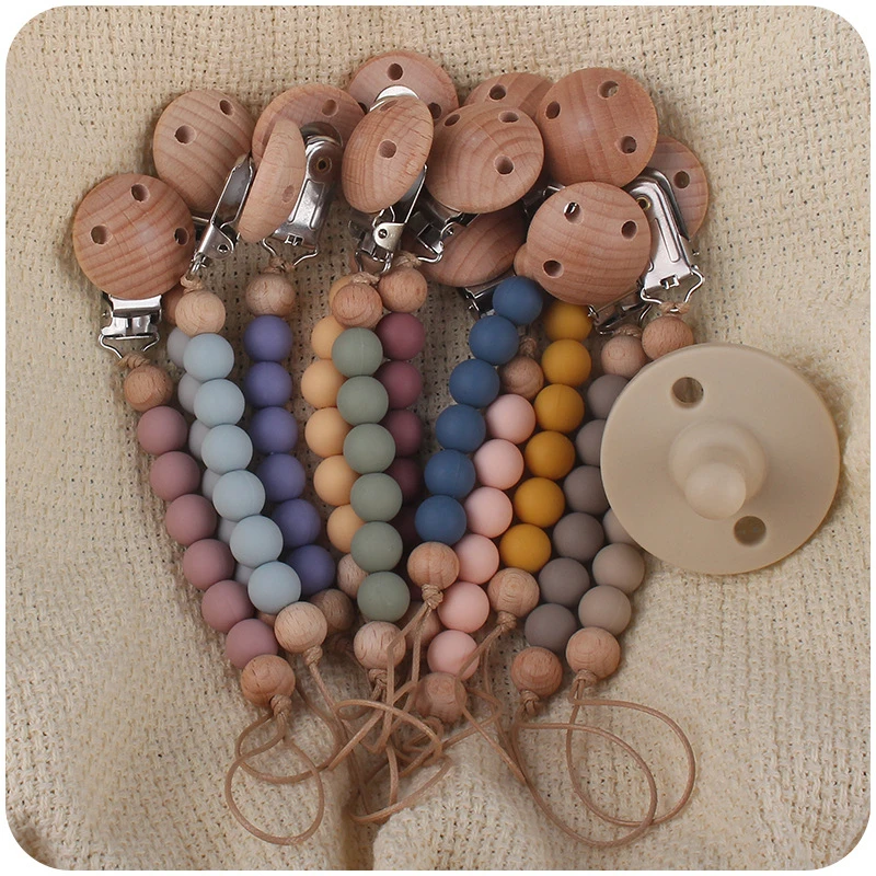 Buche Holz Kauen Silikon Perle Schnuller Clips Schnuller Kette Halter Neugeborenen Schnuller Ketten Nippel Halter Baby Zahnen Spielzeug Geschenke Image