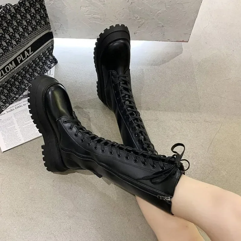 2024 neue Maogu Hohe Flache Ritter Stiefel Frauen Riemchen Seitlichem Reißverschluss Dicken Boden Runde Kappe Lange Stiefel frauen Schuhe winter Mode