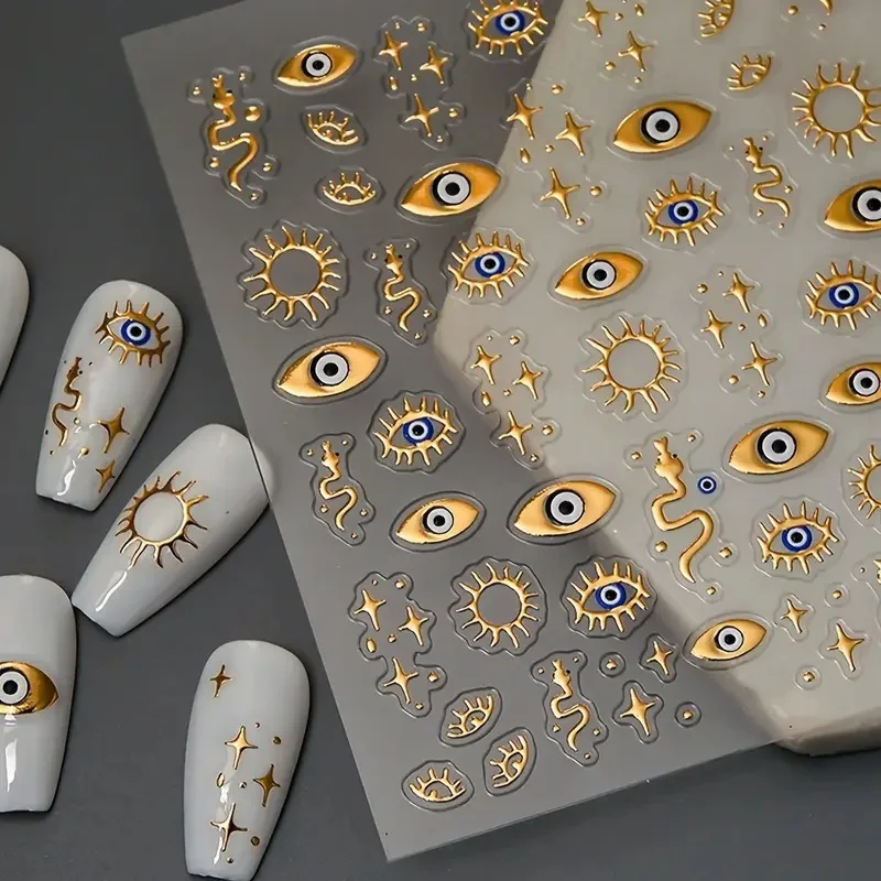 1 Stück 3D Augen/Sterne/Schlange Designs Nagelaufkleber Angel Eye Nail Art Dekor Golden & Blue Evil Eye Designs Maniküre DIY Zubehör * Image