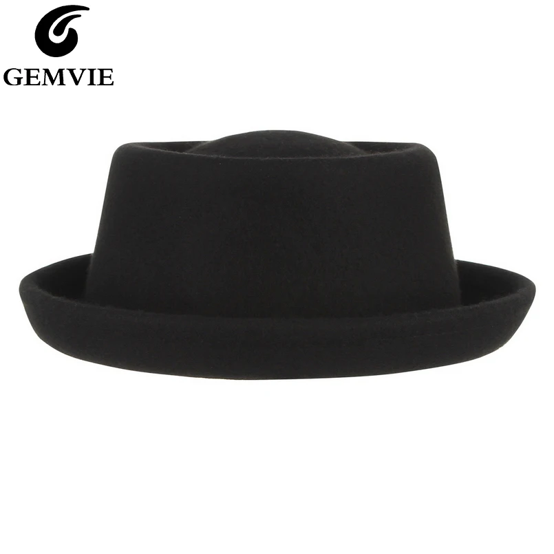 GEMVIE Klassische 100% Wolle Weichem Filz Pork Pie Hut Fedora für Männer Frauen Herbst Winter Wolle Hut Gebogene Krempe Männer kleid Hüte Image