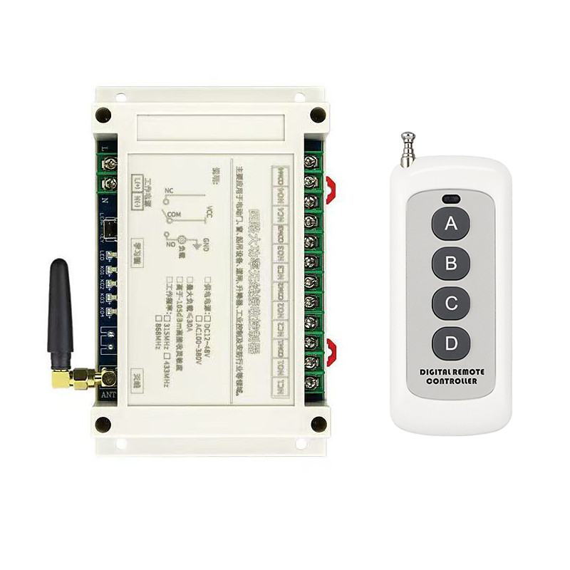 Wireless Remote Control Switch Kit, 4-Channel RF Relay Receiver with 4-Button ABCD Remote, Long Range Antenna for Gate Opener, Garage Door, Industrial Barrier Motor Control, DC 12V/48V 30A 433MHz