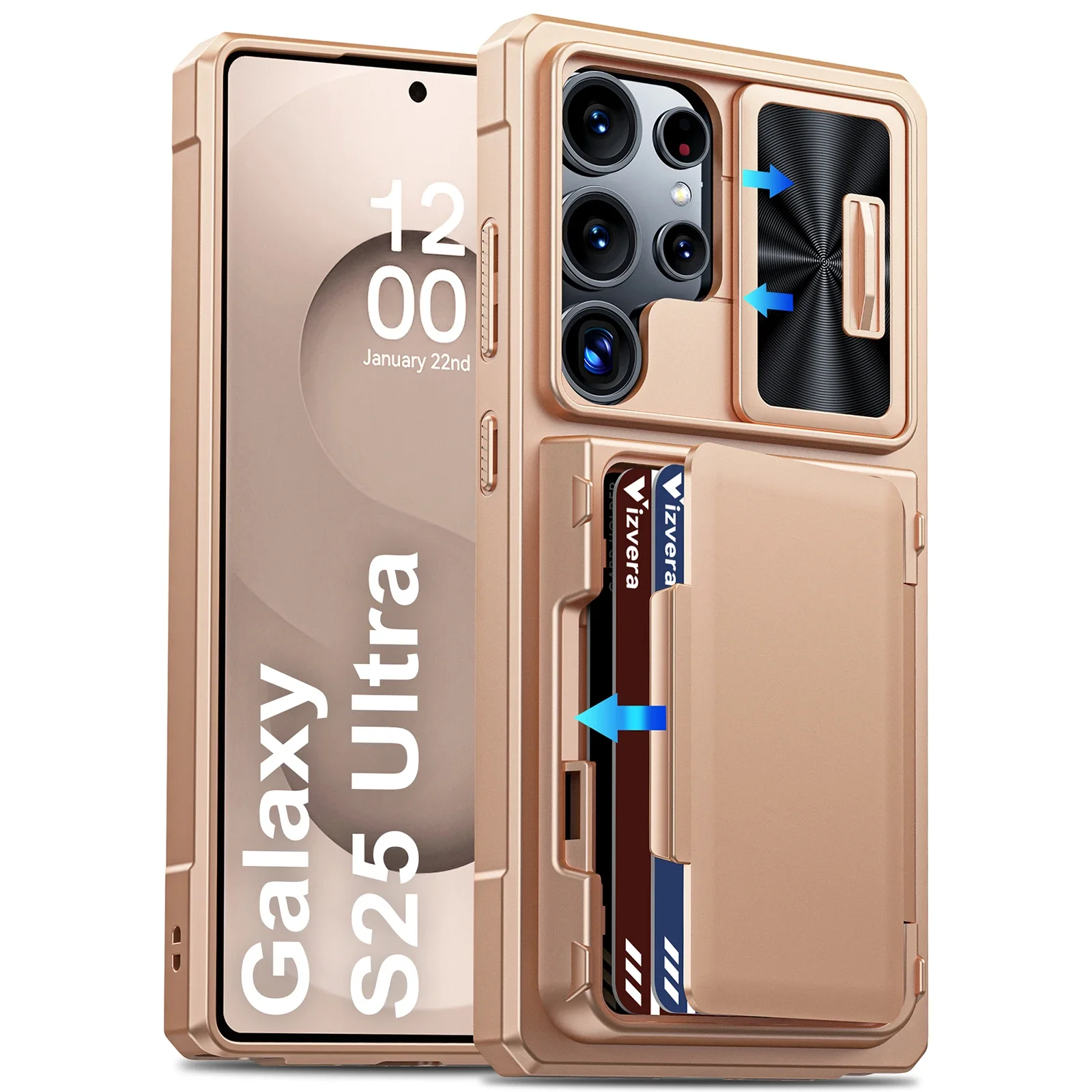 Für Galaxy S25 Ultra Handyhülle, Vollständiger Schutz mit Kartenhalter (4 Karten), Kameraabdeckung & Ständer für Frauen & Männer - Champagner