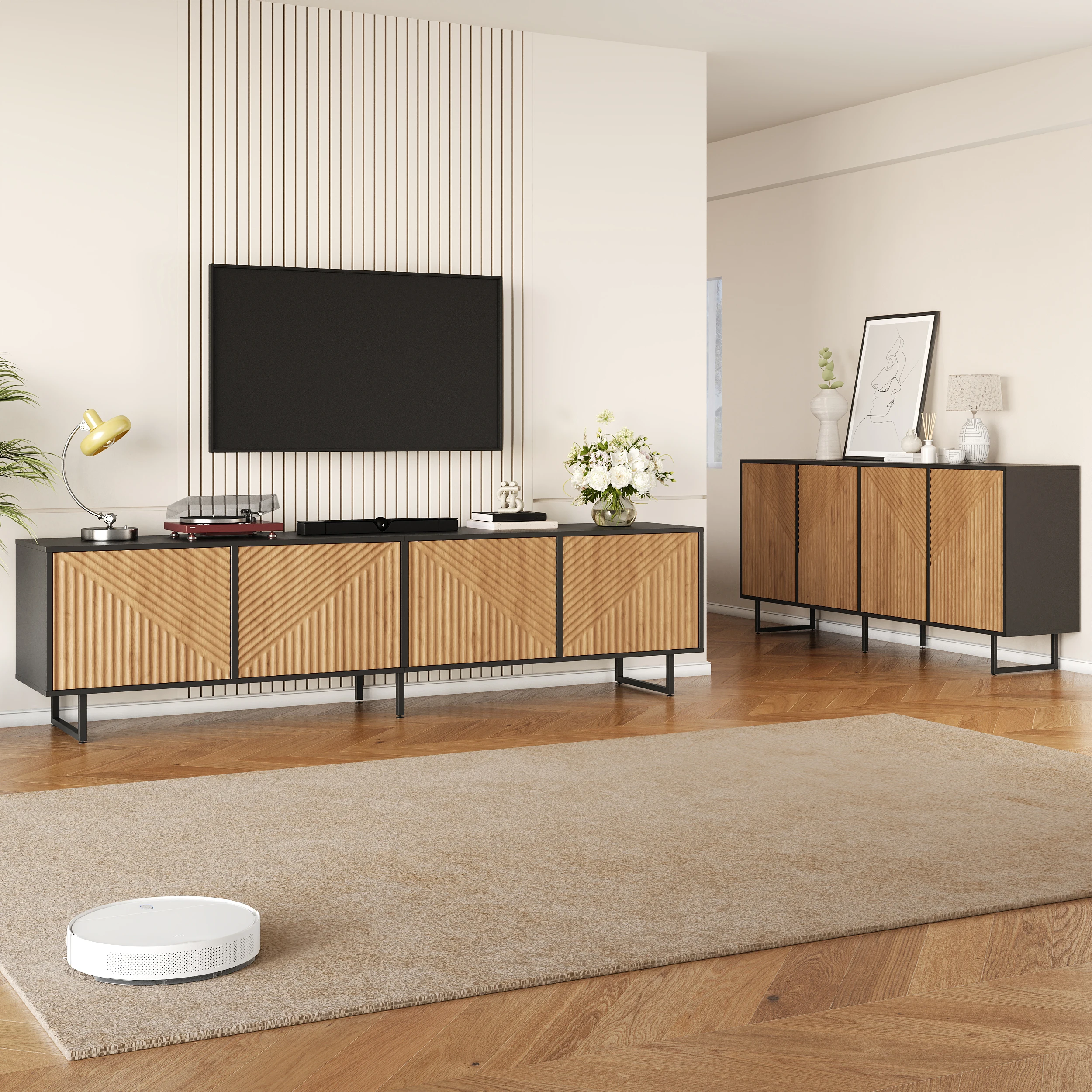 Wohnzimmer Sideboard + TV-Schrank Set 160x40x75cm & 180x40x50cm, Naturholz Schwarz, 4 Türen, für 80 Zoll TV, Stauraum