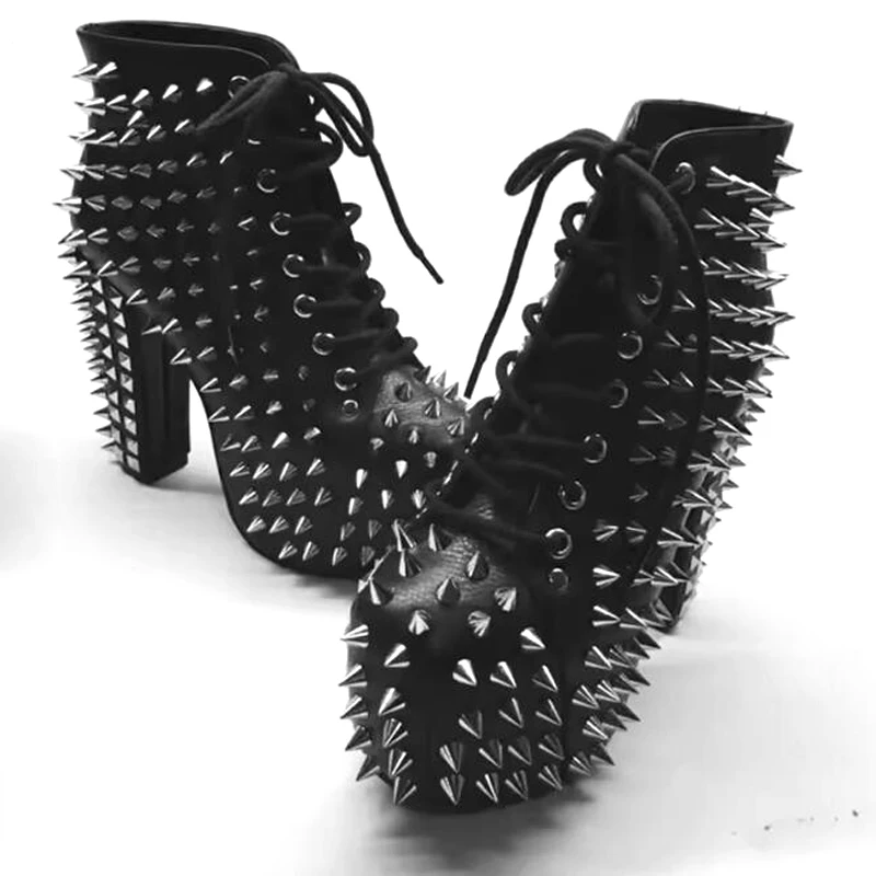 Punk Schwarz Leder Spikes Plattform Chunky Ferse Stiefeletten Herbst Voll Metall Nieten Nieten Lace-Up Frauen Schuhe Botine mujer
