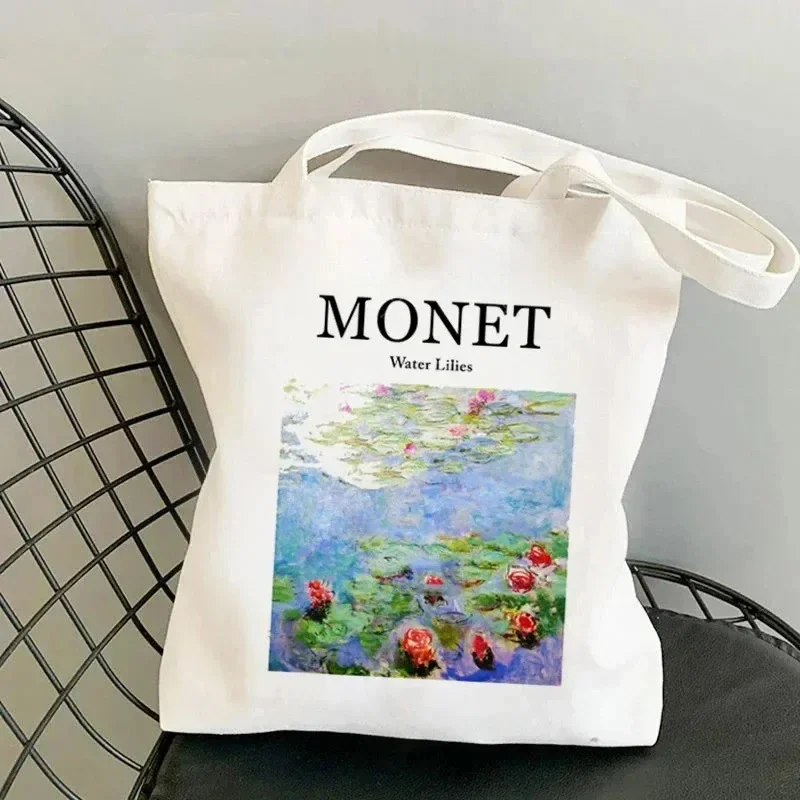 Monet Seerosen Kunstdruck Canvas Einkaufstasche Vintage Umhängetasche Weiß Lässige Handtasche für Outdoor, Hip Hop, Harajuku Mode