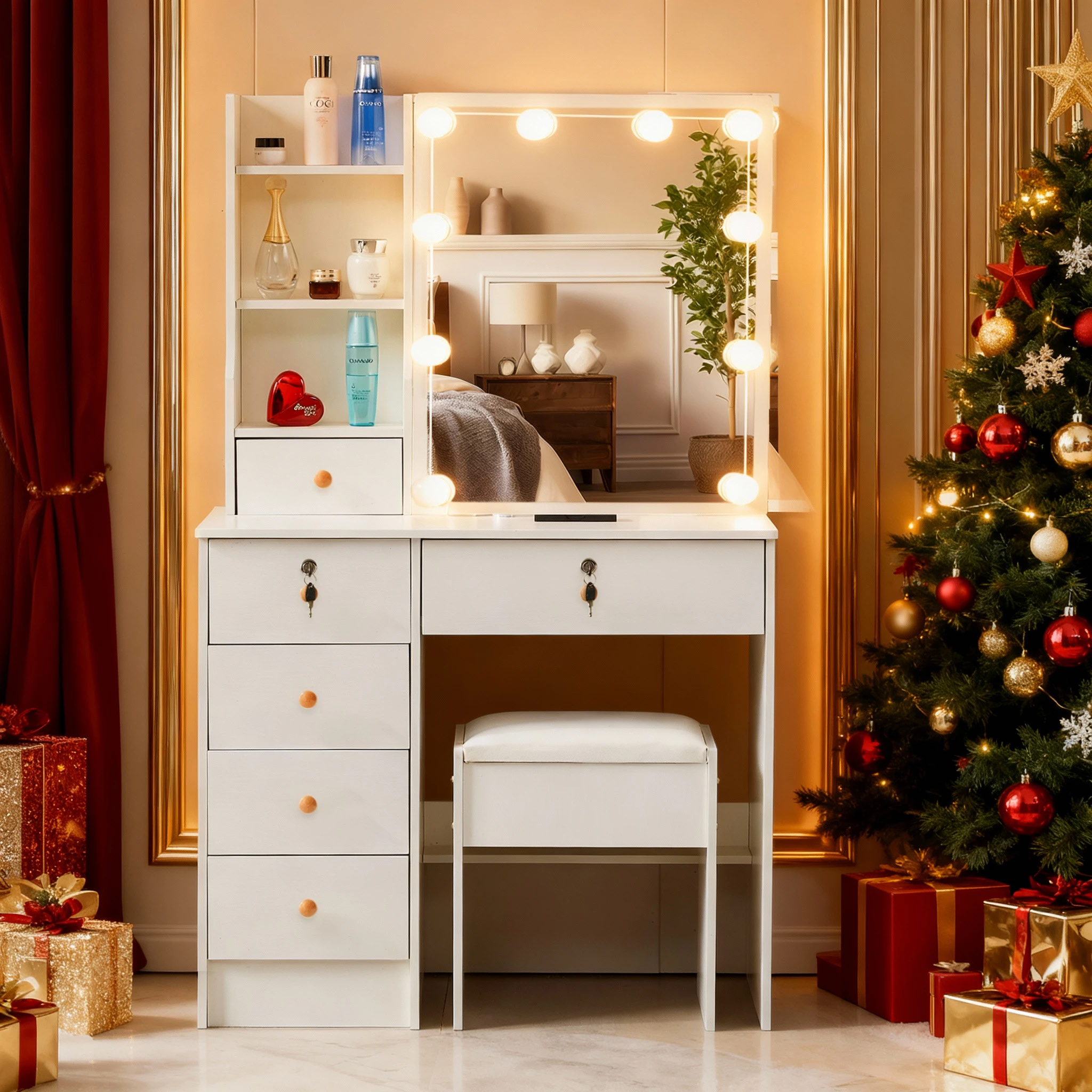 Schminktisch, Schminktisch, Schminktisch, Hocker mit 6 Schubladen und 10 dimmbaren Spiegel Image
