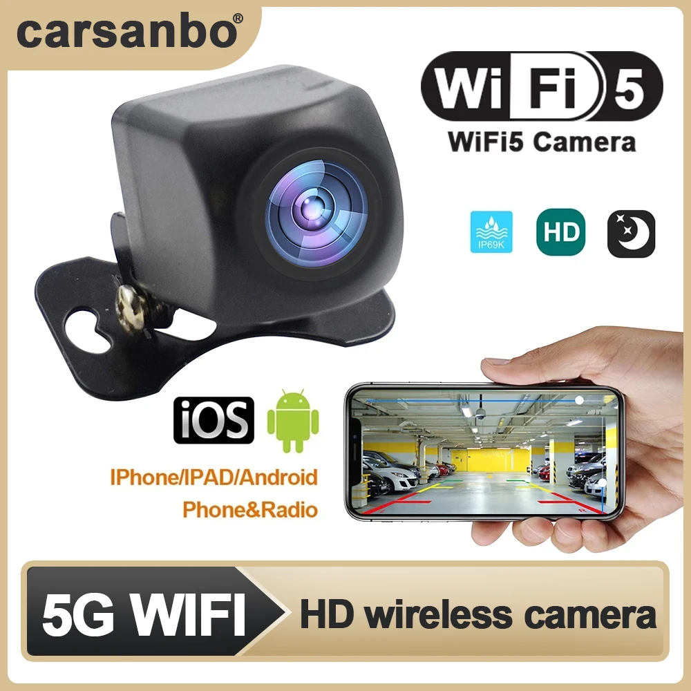 Carsanbo HD WIFI5 Nachtsichtkamera Auto Drahtlose wasserdichte WLAN-Rückfahrkamera 5V USB/12V Unterstützt Android, IOS und Radio Image