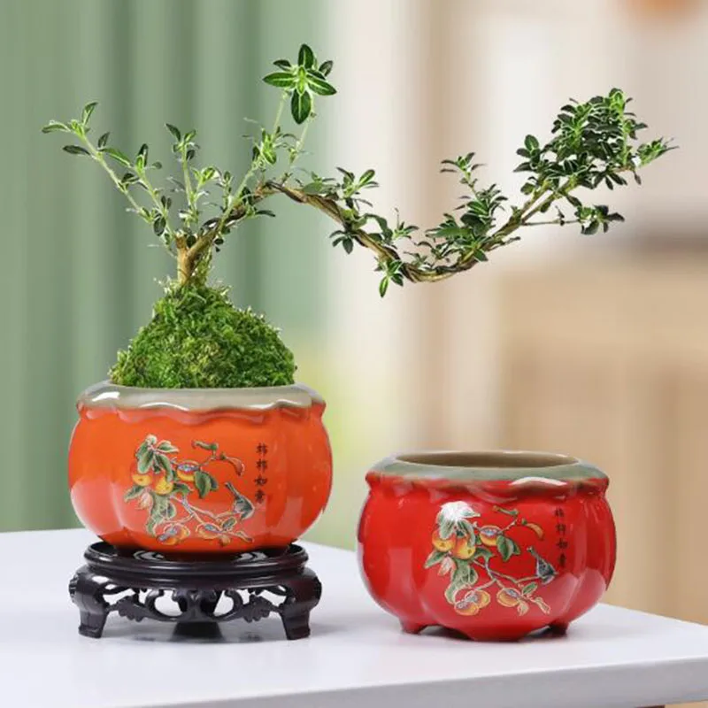 Chinesischen Stil Keramik Kaki Blumentopf Grün Rettich Blumentopf Büro Bonsai Vase Desktop Ornamente Hause Garten Dekor Image