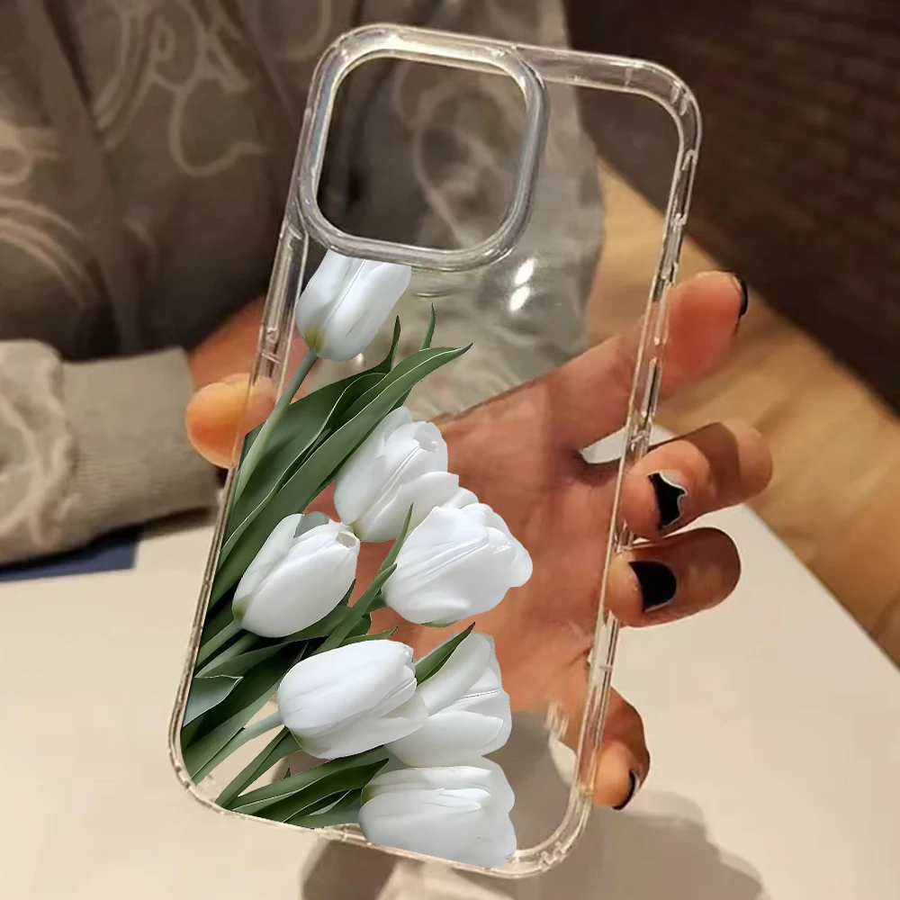 Elegante weiße Tulpen-Handyhülle für iPhone 11 12 13 14 15 16 17 Pro Max 14 15 Plus XS X XR 17 Air Silikon Soft Cover