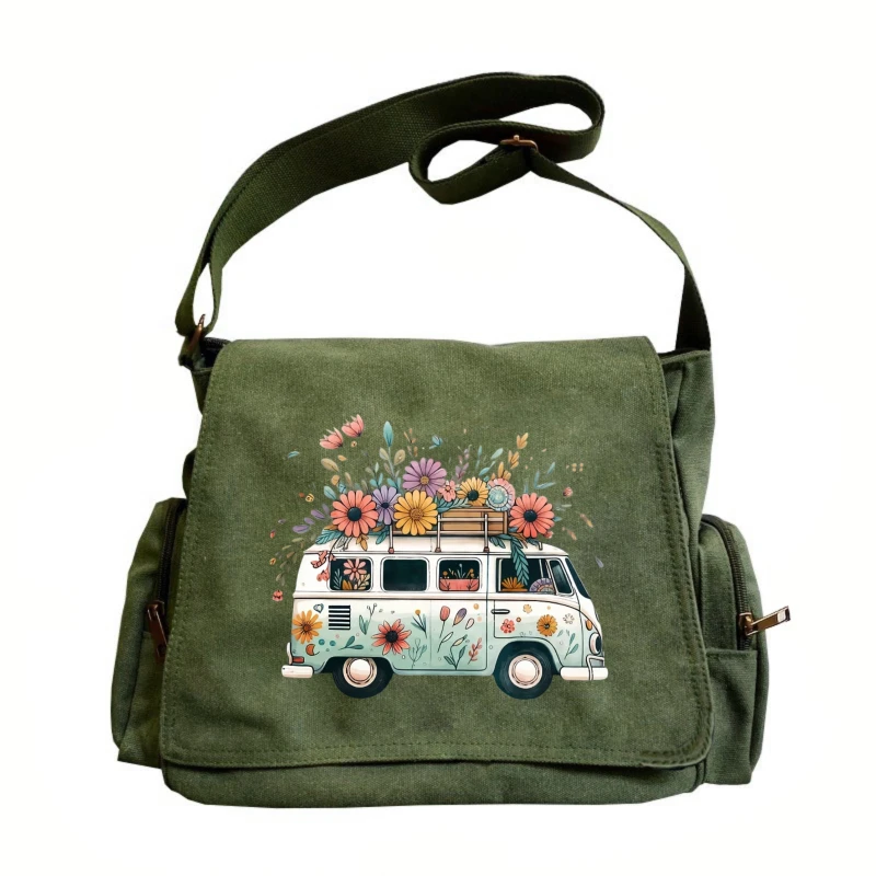 Retro Damen-Umhängetasche aus Canvas mit Buntem Blumendruck, Große Kapazität Crossbody-Tasche für Täglichen Gebrauch und Laptop Image