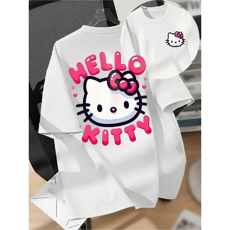 Hello Kitty 2026 Sommer-T-Shirt aus reiner Baumwolle mit Blasendruck, geeignet für Männer und Frauen, Retro-Casual-Y2K-Damen-T-Shirt