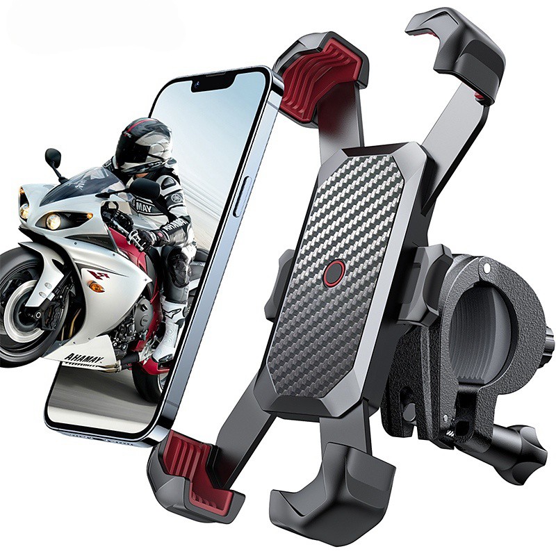 2 Pack Sturdy Motorcycle Phone Holder, Carbon Fiber Design Bike Handlebar Mount with Secure Corner Grips, Anti-Shake Smartphone Mount for iPhone 17 16 15 Pro Max, Samsung Galaxy S26, 360° Rotation
