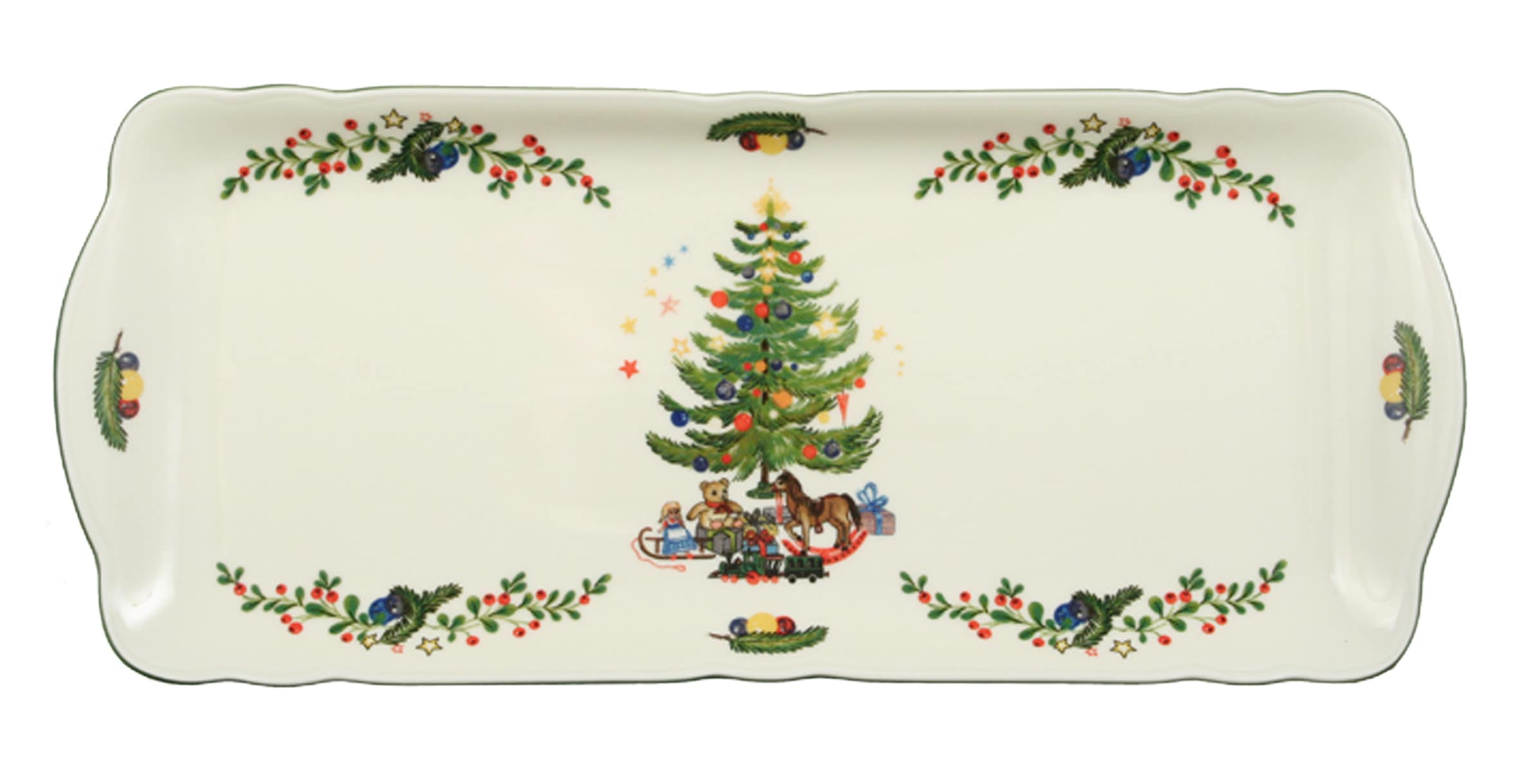 Kuchenplatte SELTMANN WEIDEN "Marieluise Weihnachten", bunt, B:14,9cm H:2,8cm L:34,6cm, Porzellan, Servierplatten, Kuchenplatte, Platte eckig, 34,5 x 15 cm, mit weihnachtlichem Dekor