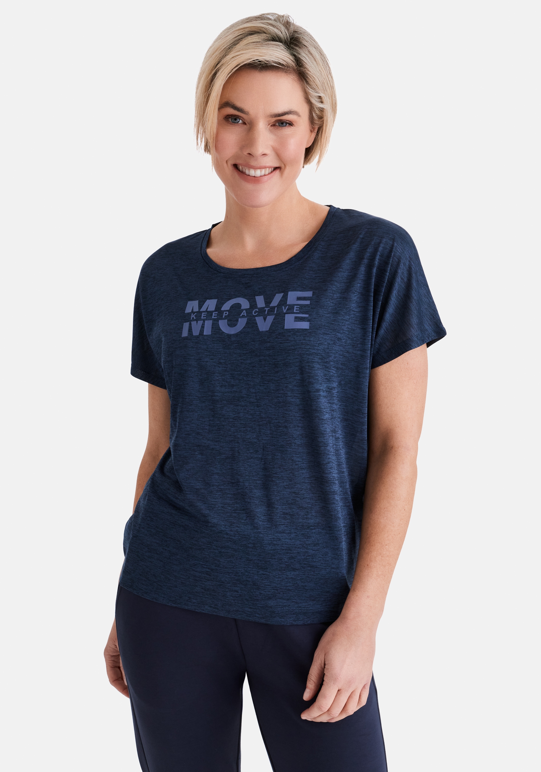 T-Shirt STOOKER WOMEN "CARLY Sport T-Shirt", Damen, Gr. 44/46, navy meliert, Feinstrick, 100% Polyester, loose fit, Rundhals, Shirts T-Shirt, Sport T-Shirt kurzarm für Damen