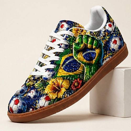 Herren Brasilien Fußball Druck Freizeit Sneaker Schnürsenkel Leichtgewicht Komfort Walking Schuhe Fußball Fan Fußbekleidung für Spieltag Stadionjubel Sportveranstaltungen Reisen und alltägliche Image