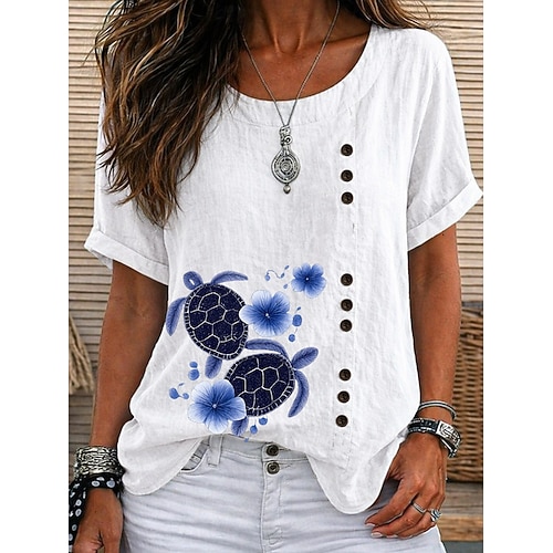 Damen Bluse Knöpfe Grafik Tiermotiv Elegant Vintage Täglich Kurzarm Rundhalsausschnitt Normale Oberteile Lässig Täglich Ferien Blau Weiß Rosa Purpur Grün Sommer Frühling Image