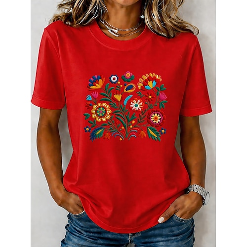 Damen T Shirt Druck Blumen Grafik Pflanzen Mode Stilvoll Klassisch Kurzarm Rundhalsausschnitt Rundhals Normale Oberteile Lässig Täglich Wochenende Weiß Gelb Rote Königsblau Grün Sommer Frühling Image