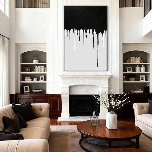 Abstraktes weißes Leinwandbild mit schwarzen Farbtropfen, moderne minimalistische Texturmalerei auf Leinwand, zeitgenössisches Wohnaccessoire Image