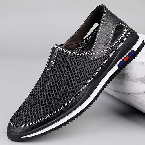 Graue Herren-Slipper aus Mesh, leicht, atmungsaktiv und bequem – ideale Freizeitschuhe für Büro, Freizeit, Autofahren, Reisen, Alltag und Ausflüge. Image