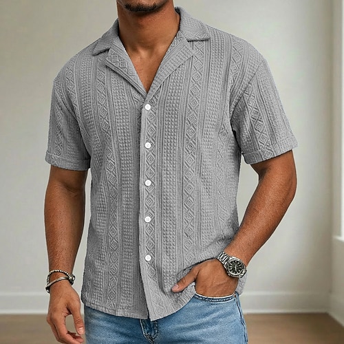 Herren Hemd Textur Durchgeknöpft Hemd Jacquard-Hemd Schwarz Weiß Hellgrün Marineblau Purpur Kurzarm Geometrisch Revers Lässig Täglich Jacquard Bekleidung Streetwear Lässig Image