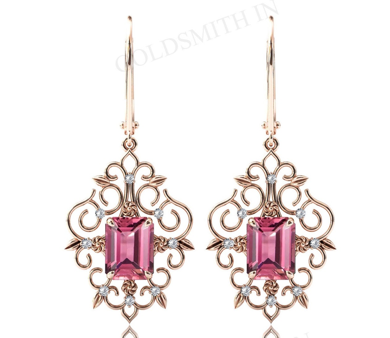Antik Pink Turmalin Ohrringe Für Frauen Hochzeit Ohrringe Smaragd Form Rosa Edelstein Ohrringe Art Deco Filigran Stil Braut Ohrringe