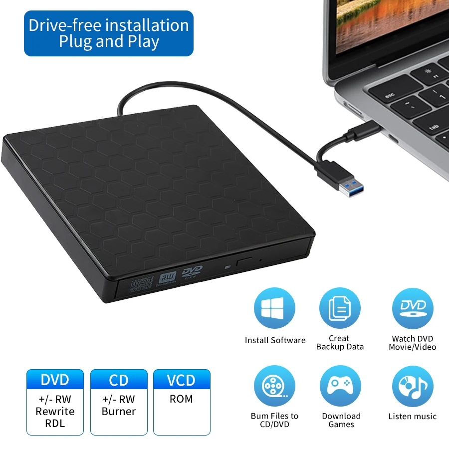 Schlankes externes DVD-RW-Laufwerk, USB 3.0 und Typ C, CD-Brenner, Brenner, Leser, Player, optische Laufwerke, tragbarer DVD-Brenner für Laptop-PC Image