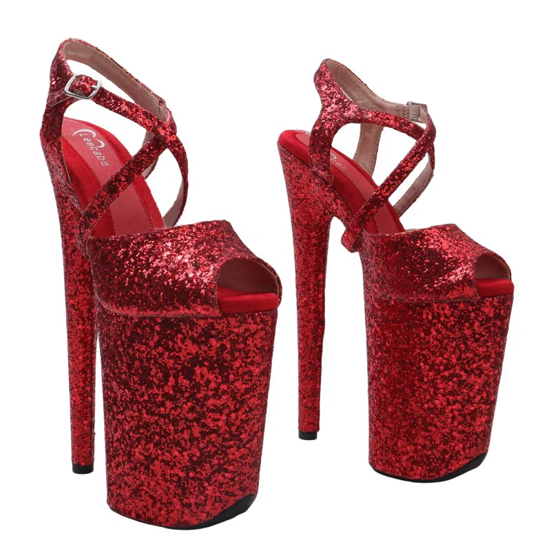 Leecabe 23 cm/9 Zoll Glitzer-Obermaterial, kleine offene Zehenpartie, Plateau-Sandalen mit hohem Absatz, sexy Modellschuhe, Pole-Dance-Schuhe