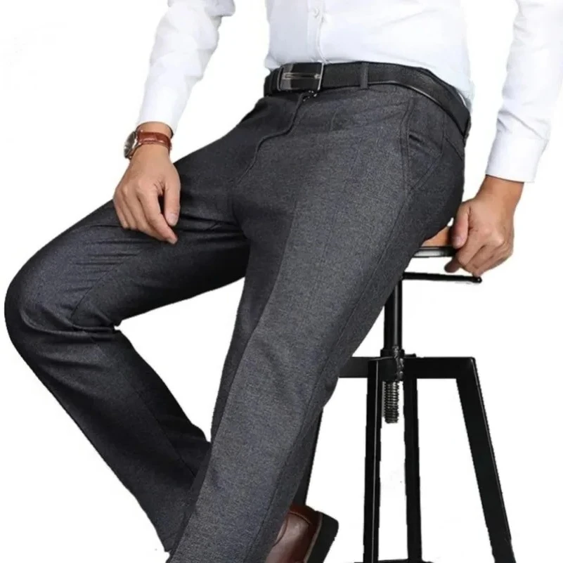 Herren-Business-Anzughose, mittellang, volle Länge, weicher Rand, Marken-Freizeithose, normal, gerade, Schwarz, Grau, große Größe 28–40