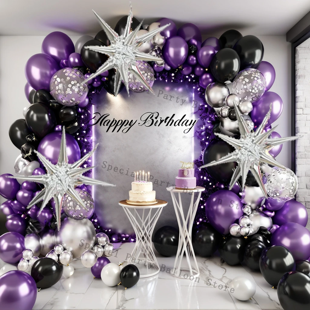 Schwarz Lila Silber Ballon Girlande Bogen Kit Latex Konfetti Ballon Alles Gute zum Geburtstag Party Dekor Hochzeitstag Babyparty Image