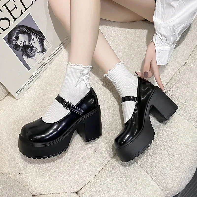 Schwarze Super High Heels Mary Jane Schuhe Damen 2026 Goth Chunky Plateau-Pumps Übergrößen Knöchelriemen Party Lolita Schuhe 42