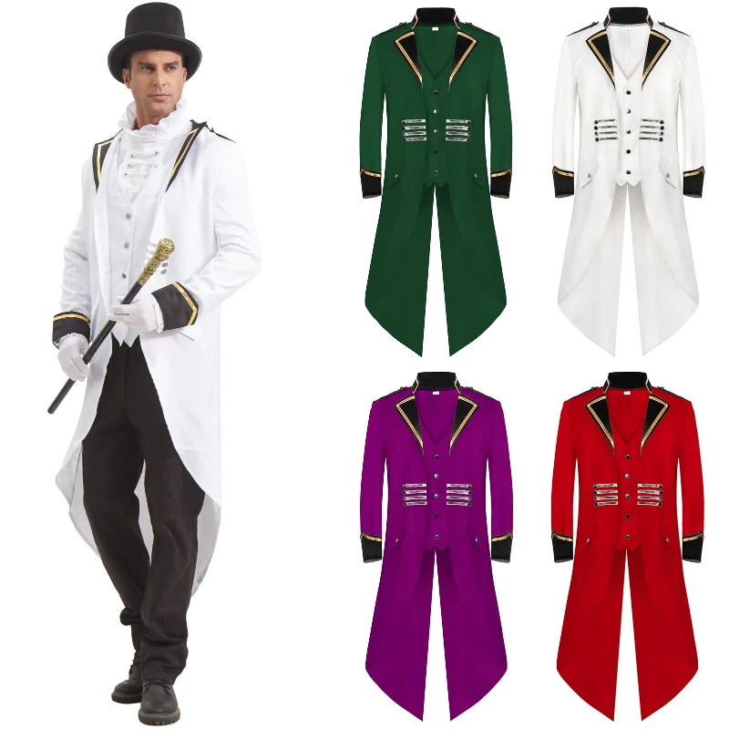2025, neuer grüner mittelalterlicher Retro-Punk-Smoking für Männer, lila/rote Halloween-Cosp-Kostüme, Gothic-Herrenjacke mit weißem Goldkantenkragen