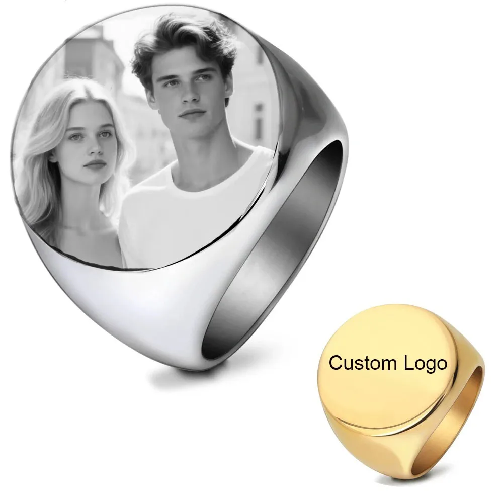 Maßgeschneiderter runder Ring mit graviertem Namen, Logo, Foto-Schmuck, Edelstahl, rund, Herren, für Familie, Hochzeit, personalisierte Geschenke Image